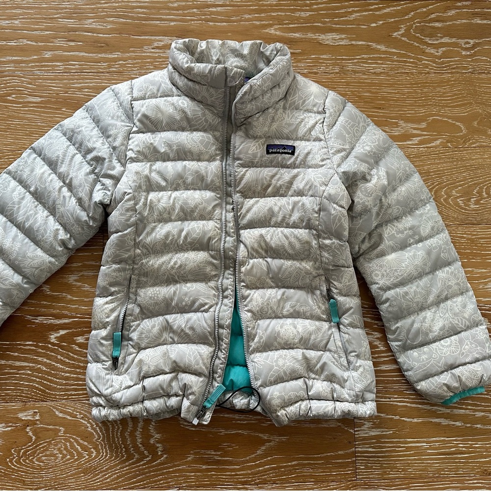 Patagonia Girls Puffer Gray/White/Teal Jacket Size 10/Medium